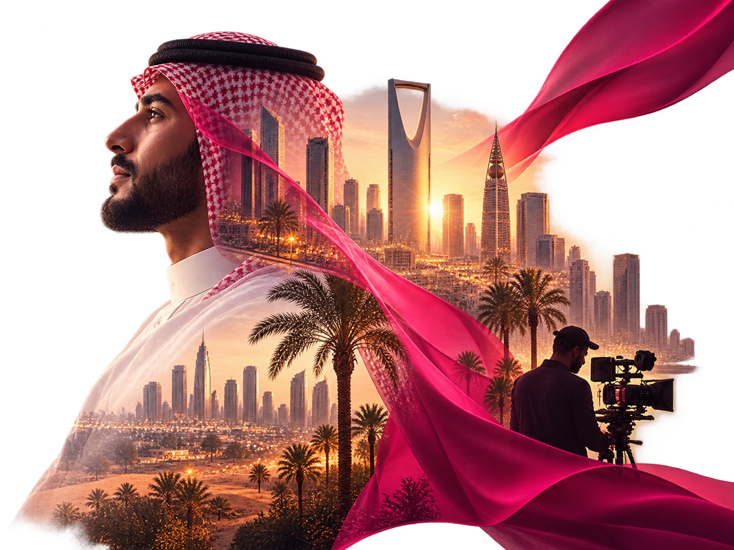 Saudi man in traditional attire with Riyadh landmarks and a magenta ribbon — Yaadgaar media production